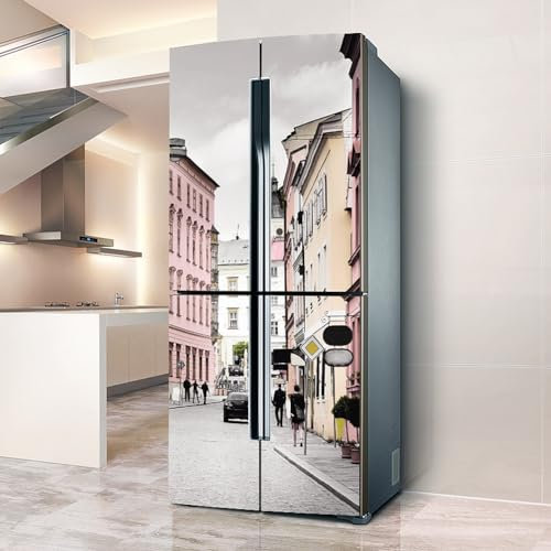 Targawerelax Fridge wraps kitchen fridge stickers cover full doors, fridge sticker full covering door fridge covers skins wall stickers for kitchen decal, Nordic Pink Street Scenery