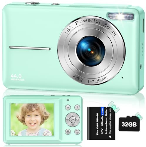 Digitalkamera Fotokamera HD 1080P 44MP, Fotoapparat mit 32GB Speicherkarte, Wiederaufladbare Kamera fotokamera mit 16X Digitalzoom digicam für Kinder, Erwachsene, Mädchen, Jungen(Grün)