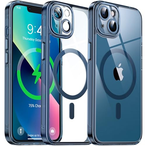 Flyzoo Coque Magnétique Transparente pour iPhone 13 (6.1'') avec Objectif Film, [Compatible avec MagSafe] [Protection Antijaune & Antirayure & Antichoc] Etui Housse Dur avec Silicone Bord, Bleu