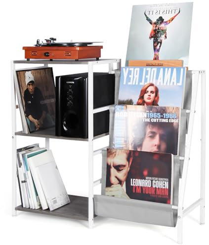 HYCFYJR Giradischi Porta Vinili, Mobile Giradischi con Porta Vinili 3 livelli, Porta Vinili da Mobile con Now Playing Vinyl Stand, Mobile Giradischi per Soggiorno, Grigio e Bianco