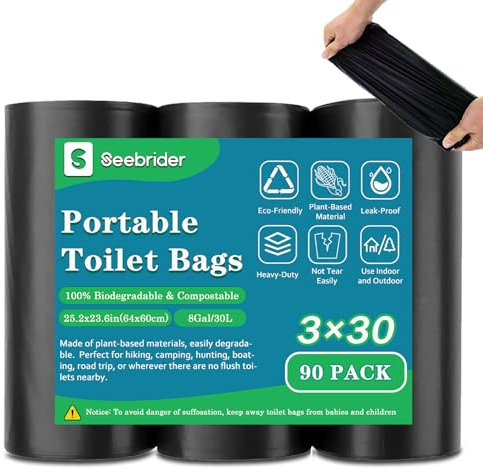 SEEBRIDER 90 Portable Toilet Bags, Biodegradable Camping Toilet Bags 8 Gallon Thickened Porta Potty Bags for 5 Gallon Bucket Toilet Compostable Bags for Adults Outdoor Travel