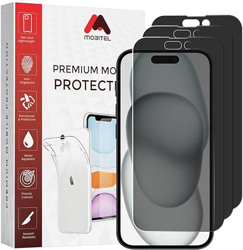 Mobitel Lot de 3 protecteurs d'écran en verre trempé de confidentialité pour iPhone 15, 6,1 pouces, dureté 9H, anti-espion, anti-eau, anti-rayures, sans bulles