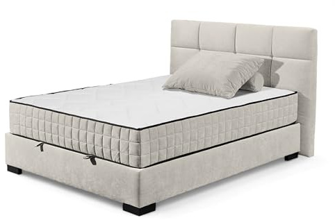 Stella Trading NAGOL A Boxbett 140x200, Sand - Bequemes Bett mit Bettkasten und Premium 9-Zonen-Federkern Wendematratze - 165 x 114 x 214 cm (B/H/T)