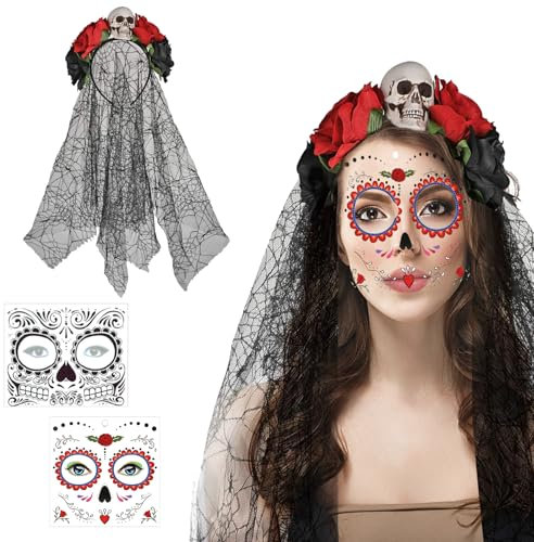 Cerchietto Giorno dei Morti, Fiori Fascia per Il Giorno dei Morti, Halloween Fasce per Capelli Teschio e Rosa con Tatuaggi Faccia, per Halloween, Carnevale, Cosplay Feste