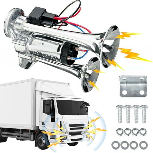 Universal Chrome 12V Dual Trumpet Air Horn Kit for Truck, Boat, Train, Car, and Yacht – 600DB Super Loud Air Horn with Compressor for Lorry, Camper, Pickup, and Tractor