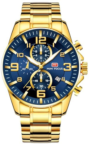 rorios Herren Goldene Uhr Edelstahl Business Armbanduhr Multifunktional Chronograph Uhr Analog Quarz Herrenuhren Leuchtend Datum Kalender Uhren Blau