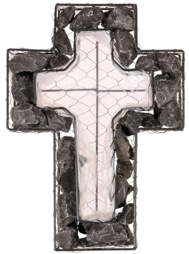 Croix en métal résistant aux intempéries avec pierres anthracite – Pot de fleurs en forme de croix pour décoration funéraire et jardin – Croix de plante robuste pour cimetière et décoration extérieure