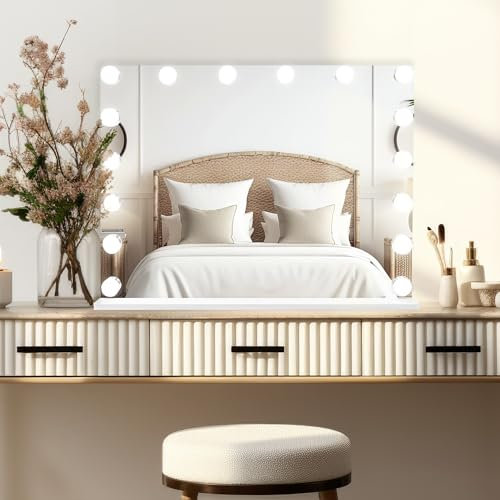 Light Up Hollywood Mirror 80cm x 60cm 16 LED Vanity Makeup Table Wall Touch Screen 3 Colour Modes Bluetooth Speaker 2 Charging Ports USB-A & USB-C Microfibre Cleaning Cloth 10 x Magnification Mirror
