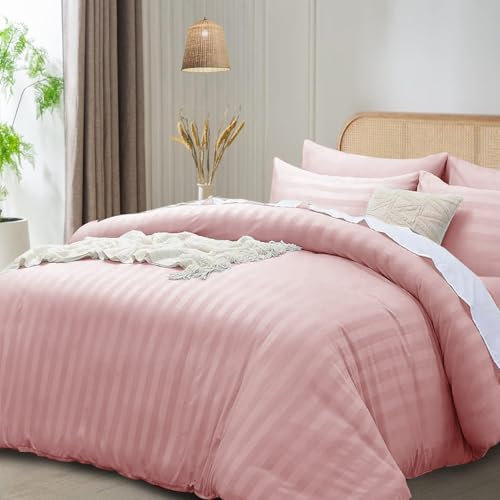 funky gadgets Super King Duvet Cover Set Blush, Microfiber Satin Stripe Duvet Cover Luxury Hotel Bedding Sets with Pillowcases Breathable Ultra Soft Reversible Quilt Covers.