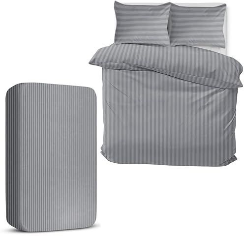MOONLIGHT20015 King Size Duvet Cover Sets 4 Piece Satin Stripe Duvet Covers Soft Brushed Microfiber Bedding Set with Fitted Sheet & 2 Pillow Cases (Grey, 230x220 cm)