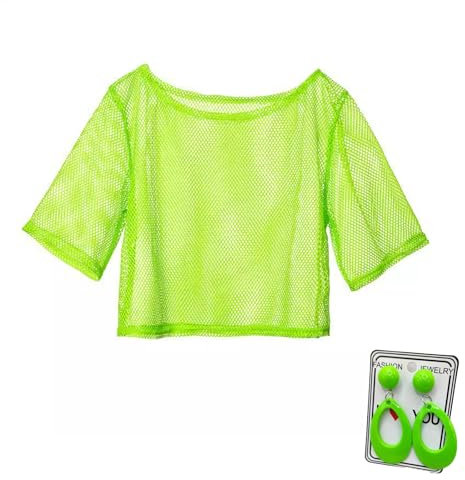80s Neon Fishnet Mesh T-Shirt, Green Mesh Tops for Women, Neon Party Clothes, Fishnet Top, Suitable for 1980s Retro Theme Party, Masquerade, Club Wear, with 1 Pair of Water Drop Earrings