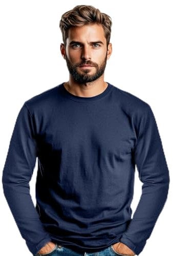 Men’s 100% Soft Organic Cotton Navy Blue Long Sleeve T-Shirt Crew Neck Casual Training Hiking Workout Athletic Tee (Navy, S)
