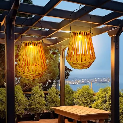 2 Stück Solarlaterne für Außen, Metall Solar Rattan Laterne, Solarlampen für Außen Garten, Wasserdicht Solarleuchten Gartendeko, Hängend Solar Gartenleuchten für Draußen, Balkon, Terrassen, Outdoor