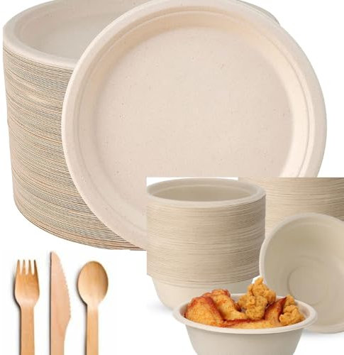 lumous rola 250pcs FSC® Certified Eco Tableware Set – Sugarcane Plates, Bowls & Wooden Cutlery, 50 Each: Large Plates, Bowls, Forks, Knives, Spoons – Biodegradable