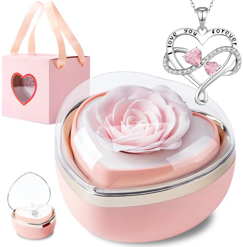 goldmiky Coffret Rose Eternelle avec Bijoux, Cadeau Fleur Rose Conservée à la Main, Cadeau Femme pour Elle la Noël,La Saint-Valentin,Fête des mères, Anniversaire,Anniversaire de mariage (rose)