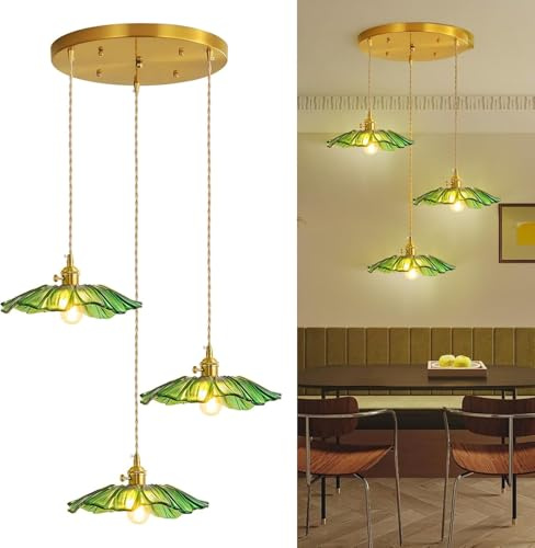 AroimRex Suspension en Verre pour îlot de Cuisine luminaire Suspendu en Forme de Fleur Lustre Moderne pour Chambre à Coucher Cuisine Couloir Salle de Bain Abat-Jour en Verre Vert Tournesol