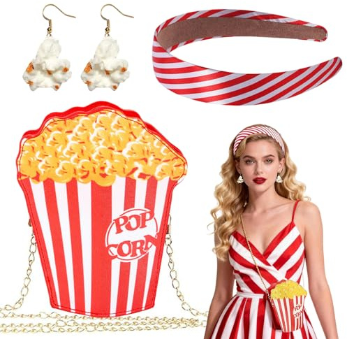 SANLIUSANJIU Popcorn Cosplay Kostüm Enthält Rot Gestreiftes Satin-Haarreif, Popcorn-Ohrringe, Popcorn- Umhängetaschen, für Fasching Karneval Tanz Mottoparty Geburtstag