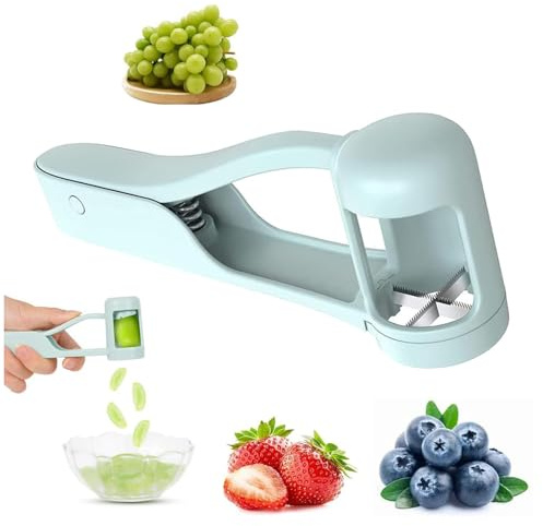 Funngy Grape Cutter Tool,Stainless Steel Grape Cutter Quarter Fruit Slicer for Grapes Cherry Tomatoes Safe Kitchen Gadget with Non-Slip Handle for Fresh Fruit Vegetable Snacks and Salads Blue