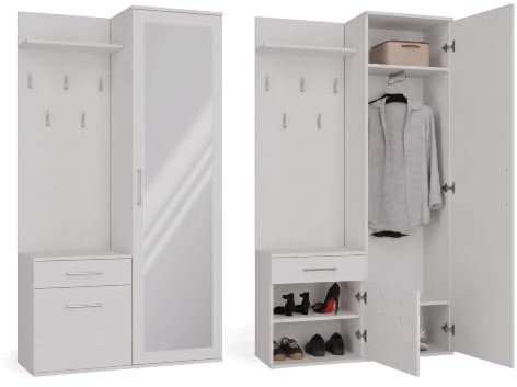 CDF Garderobe mit Spiegel Schrank Flurgarderobe Flurschrank und Schublade | Ablage Dielenschrank Kleiderschrank Schuhschrank Haken Garderobenschrank für Jacken Schuhe Stehend Flur – Duo Weiß