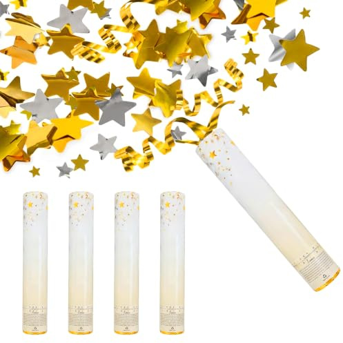 Konfetti Kanone - 4 Stück 30cm Konfettikanone, Poppers mit Goldenen Sternen, Parteien Confetti Kanone, Papier Konfetti Shooter für Geburtstagsfeiern Hochzeiten Jubiläen Babypartys Feiern Party-Zubehör