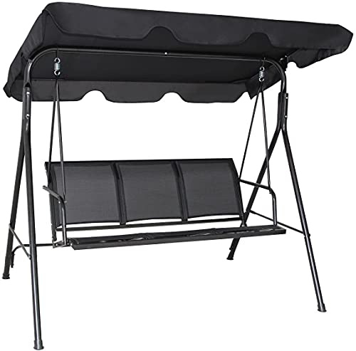 FANTASK 3-Sitzer Hollywoodschaukel, 170 x 110 x 155 cm, Gartenschaukel mit Verstellbarem Sonnendach, Schaukelbank wasserabweisend mit Anti-Rutsch-Füßen (Schwarz)