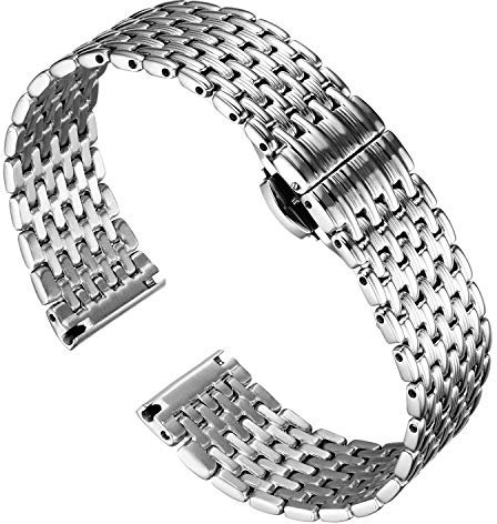 BINLUN Ultra Dünnes Mesh Edelstahl Uhrenarmbände Leicht Metall Uhrenarmband Polierte Ersatz Uhr Armband für Herren Damen mit Schmetterlingsschließe(16mm Silber)
