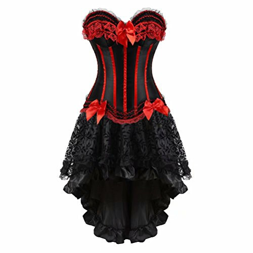 Corsagenkleid Corsage Bustier Streifen Spitze Kleider Korsett Vollbrust elegant sexy Rock Damen Dress Gothic Korsagen rot 3XL