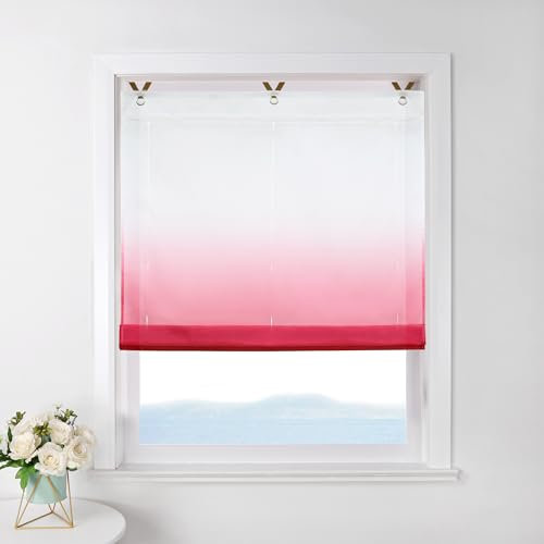 ESLIR Raffrollo ohne Bohren Raffgardine Transparent mit Ösen Farbverlauf Gardinen mit Haken Ösenrollo Modern Vorhänge Rot BxH 100x130cm 1 Stück