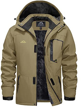 EKLENTSON Mens Winter Waterproof Thermal Softshell Ski Snow Fishing Coat with Detachable Hooded Cycling Motorcycle Fleece Jackets Khaki,XL