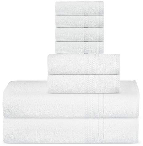 Sweet Needle 8er Handtücher Set aus Premium-Baumwolle, weiß – 2 Badetücher, 2 Handtücher und 4 Waschlappen