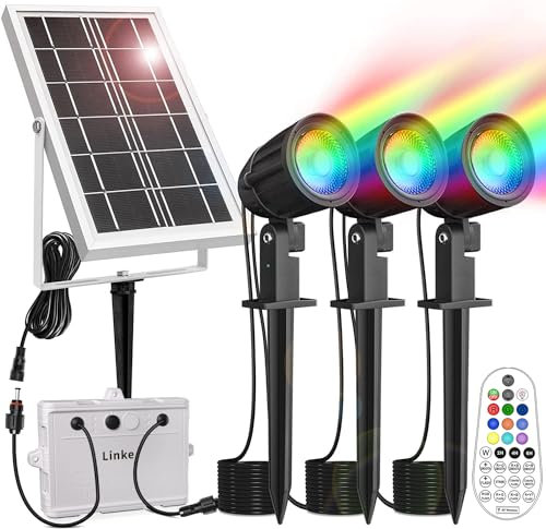 Linke Solar Spot Lights Outdoor Garden, 3 in 1 Colour Changing LED RGB Solar Powered Spotlights Waterproof IP66 Spike Lights Remote Control Dusk to Dawn Landscape Spotlight for Pathway