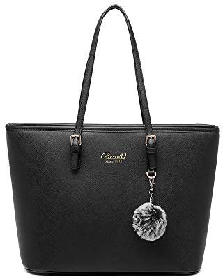 Handtasche Damen Schwarz Shopper Elegant Damen Groß Leder Handtasche Tasche für Büro Schule Einkauf mit Pelz Kugel Plüsch Schlüsselring (Verbesserte Version) (Schwarz)