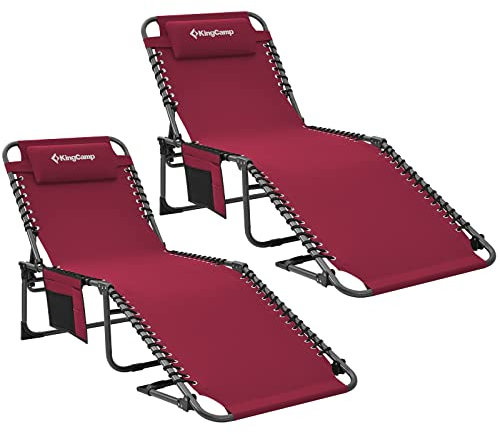 KingCamp Juego de 2 tumbonas Plegable Portátil Reclinable con Almohada y Bolsillo Lateral Tumbona de Camping Transpirable Carga 120kg Ajustable en 4 Posiciones para Viajes de Acampada Jardín
