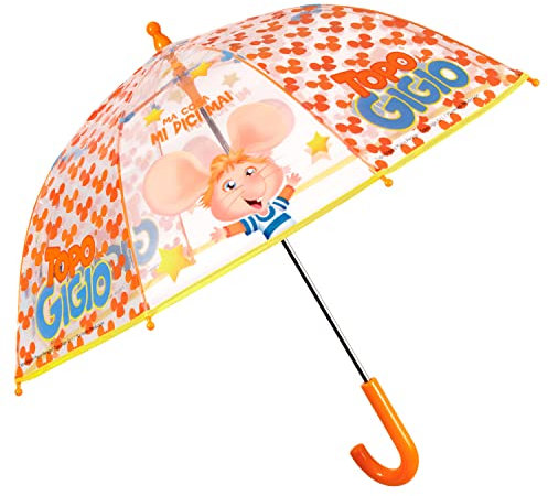 PERLETTI Topo Gigio Regenschirm Kinder Transparent - Kinderregenschirm Stabil mit Sicherheitsöffnung - Kinderschirm Durchsichtig mit Maus - Schirm Jungen Gelb Orange Blau - Durchmesser 64 cm