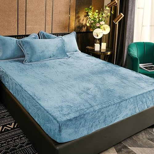 Luofanfei Winter Spannbettlaken 160x200 Hellblau Blau Warm Plüsch Samt Kuschelige Boxspringbett Frottee Bettlaken Biber Doppelbett Uni Muster Leintuch für Hohe Matratze Hoher Steg bis 25-30 cm