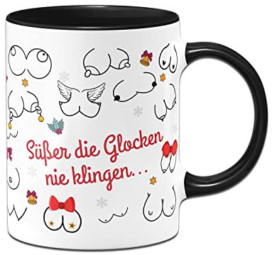 Tassenbrennerei Original - Busen Weihnachtstasse mit Spruch Süßer die Glocken nie klingen (Rundumdruck) - Tasse, Kaffeetasse lustig (Schwarz)