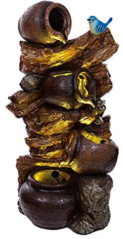 Zimmerbrunnen mit LED Leuchten, 76cm hoch Springbrunnen für Innen und Außen in verschiedenen Designs, Frosch, Elfe, Kinder, Krüge (Brunnen 20 Vogel)