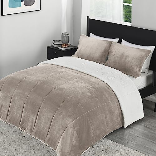 downluxe Micromink Sherpa-Bettdecken-Set für Doppelbett, ultraweich, warm, für Herbst und Winter, 1 x Bettdecken-Set, 1 x Bettdecke, 1 x Kissenbezug, Sand