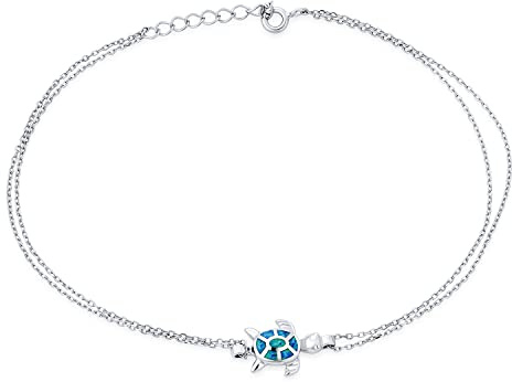 Bling Jewelry Hawaii Tropischer Strandurlaub Nautischer Anhänger Meerblau Opal Seitlich Schildkröten Fußkettchen Doppelte Kette Knöchelarmband Für Frauen .925 Sterling Silber Verstellbar 9, 10 Zoll