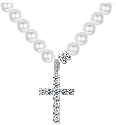 Krfy Perlenkette für Männer Damen Choker Halskette mit Cubic Zirkonia Kreuz Anhänger Verlängern Verschluss Einfach zu Tragen Täglichen Schmuck
