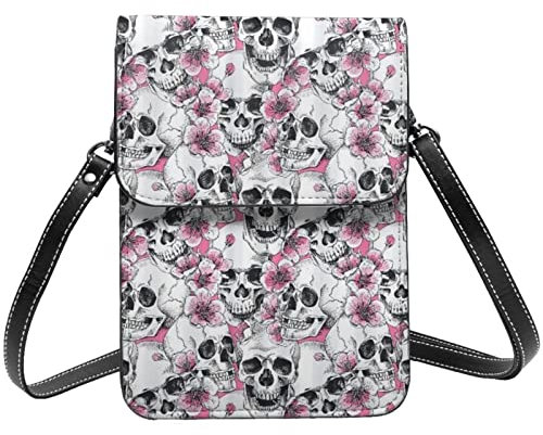 AABSTBFM Handytasche mit Blumenmuster, Totenkopf-Motiv, für Damen und Mädchen, aus PU-Leder, Handytasche, Blumenkädel, Einheitsgröße
