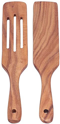 Spatules en Bois, Lot de 2 Ustensiles de Cuisine Bois Anti Rayures Set de 2Spatules & Raclettes pour Mélanger, Racler, Couper, Servir, Remuer Salade