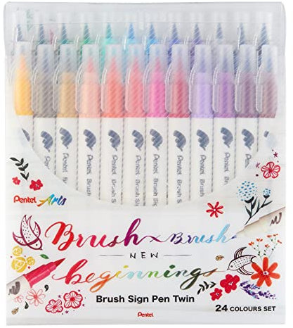 Pentel SESW30C-24 Brush Sign Pen Twin, 24-Farben-Set, Fasermaler mit zwei flexiblen Schreibspitzen, Tinte auf Wasserbasis, sortiert, 1 Stück (24er Pack)
