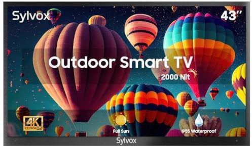 SYLVOX 43 TV da Esterno, 4K HDR10 2000Nits, Smart Android TV IP55 Impermeabile, DVB-T2/S2/C HEVC 10, HBBTV, WiFi, Voice Assistant, Outdoor Televisione per Piscina, Giardini, Terrazza (Pool Pro)