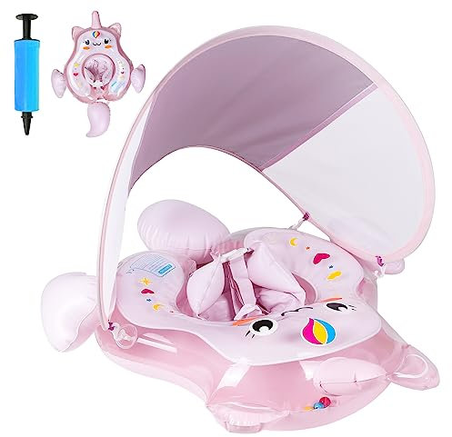 NYOBABE Unicorn Baby Swimming Float for 6-36 Months,Inflatable Baby Pool Float With Anti-Flip Tail & UPF50+ Sun Canopy,Baby Swim Ring for 6 9 12 18 24 36M,Adjustable Waist Baby Neck Float Ring Pink L