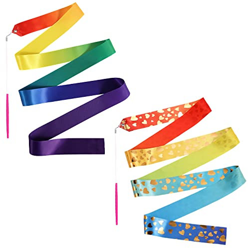 2 Stück Tanzband, Liebesherzmuster & Farbverlauf Tanzband Gymnastik Tanzband Streamer mit Stab 2 m lange Bänder für rhythmische Gymnastik für Kindertänzer