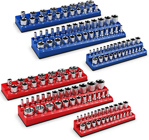 COSTWAY 6 Piece Magnetic Socket Organizer Set, Metric and SAE Socket Holders with 1/2-Inch, 3/8-Inch & 1/4-Inch Drives, Holds 141 Sockets, Professional Quality Tools Organizer, Socket Not Included