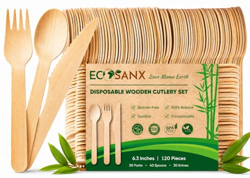 120 PCs Wooden Cutlery Set, 6.5 Splinter Free Disposable Cutlery for Parties, Biodegradable, Eco-Friendly, 50 Wooden Forks 40 Disposable Spoons & 30 Knives for Outdoor, Camping, Events & More