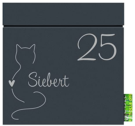Briefkasten mit Zeitungsfach anthrazit MOCAVI Box 713 NF16a, Postkasten mit Hausnummer und Name, Motiv Katze, Wand-Briefkasten mit Zeitungsrolle, rostfrei, wetterfest