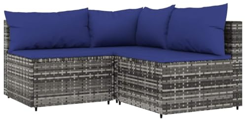 vidaXL Garten Lounge Set 3-TLG., Gartenmöbel Set mit Kissen, Sitzgruppe für Garten Terrasse, Modular Sofa Garnitur Loungemöbel, Grau Poly Rattan